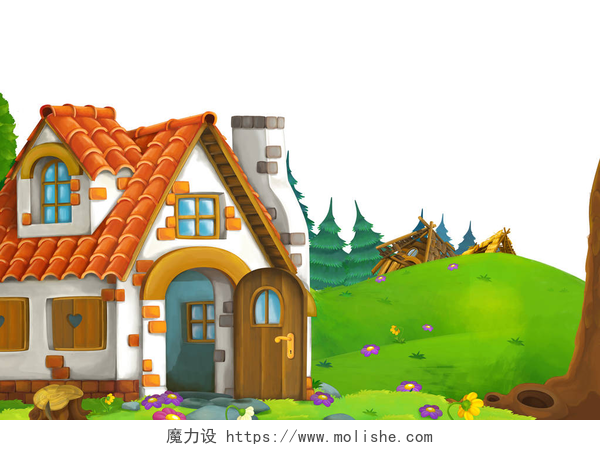 3D儿童插画卡通房子三头猪农家在草地附近，背景为白色的卡通场景。儿童图解